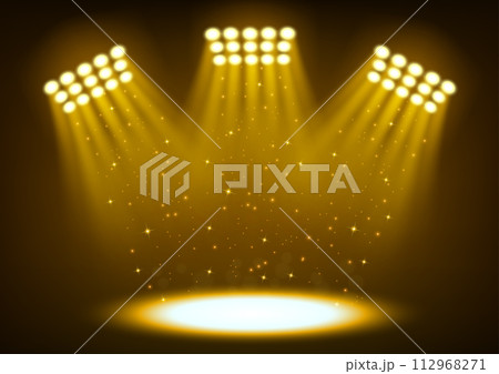 Gold bright stadium spotlights on dark background, Vector Illustration 112968271