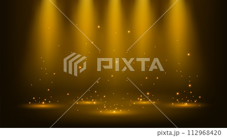 Gold Spotlights Shining With Sparkles 16:9 Aspect Ratio In Clipping Mask, Vector Illustration 112968420