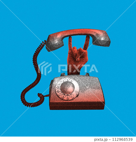 Red rotary phone with hand c showing rock and roll gesture against blue background. Grainy effect. Contemporary art collage. 112968539