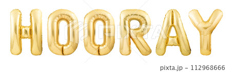 Word hooray! made of golden inflatable balloon letters isolated on white background 112968666