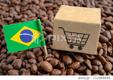 Brazil flag with shopping cart on coffee bean, import export trade online commerce concept. 112968899
