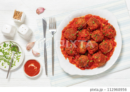 Albondigas, mexican meatballs on plate, top view Albondigas, mexican meatballs on plate, top view 112968956
