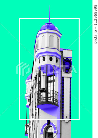 Poster. Contemporary art collage. White art deco building with purple accents against bright cyan background. Vibrant abstract design. Poster. Contemporary art collage. White art deco building with purple accents against bright cyan background. Vibrant abstract design. 112968998