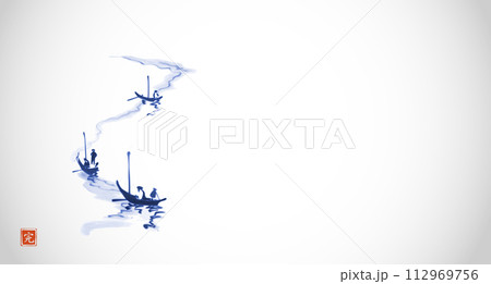 Ink painting of blue fishing boats in minimalist style on white background. Traditional oriental ink painting sumi-e, u-sin, go-hua on white background. Translation of hieroglyph - perfection Ink painting of blue fishing boats in minimalist style on white background. Traditional oriental ink painting sumi-e, u-sin, go-hua on white background. Translation of hieroglyph - perfection 112969756