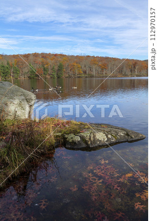 Autumn lake reflecting on a blue sky background and forest landscape Autumn lake reflecting on a blue sky background and forest landscape 112970157