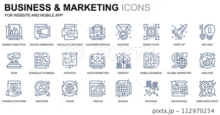 Simple Set Business and Marketing Line Icons for Website and Mobile Apps. Contains such Icons as Vision, Mission, Planning, Market. Conceptual color line icon. Pictogram pack. 112970254