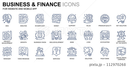 Simple Set Business and Finance Line Icons for Website and Mobile Apps. Contains such Icons as Analysis, Money, Accounting, Strategy, Bank. Conceptual color line icon. Pictogram pack. 112970268