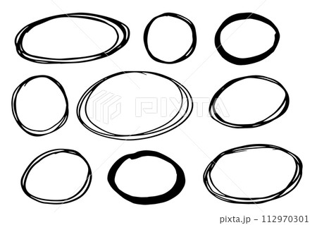 Highlight circle frame cadre, edge grunge border, mark check or text box textured isolated on white background. Hand drawn decorative stroke, vintage sketch icon 112970301