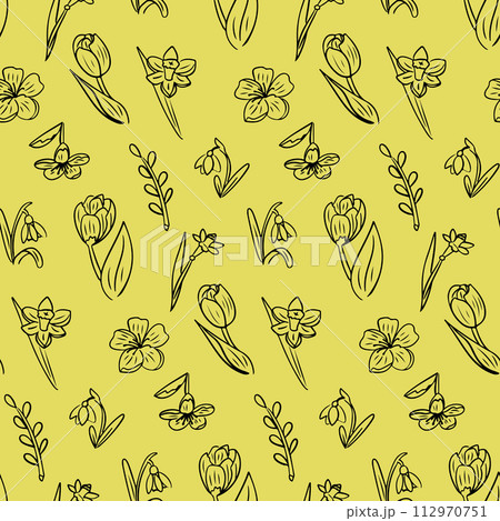 Spring seamless pattern with outline flowers. Black doodle spring branches, snowdrops, tulips, daffodils on yellow color. Spring holiday design for decoration, wrapping, banner 112970751