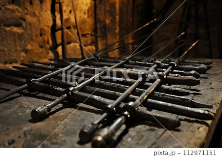 AI-generated content. rods, sticks, punishment, education, torture, spears, stakes, wooden, iron, Middle Ages, 112971151