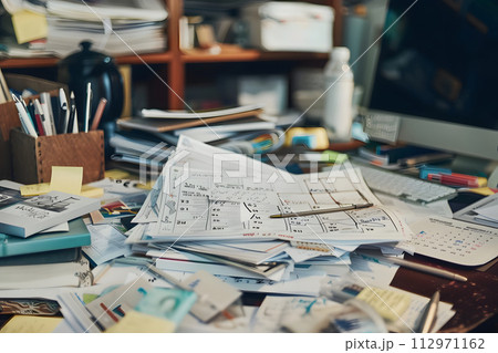 AI-generated content. Organized desk with paperwork, office supplies, and full calendar 112971162