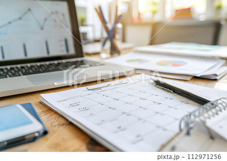 AI-generated content. Desk piled with documents, stationery, and busy weekly calendar AI-generated content. Desk piled with documents, stationery, and busy weekly calendar 112971256