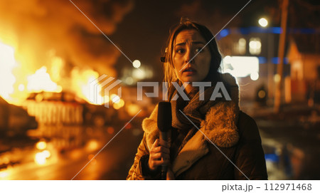 Journalist Reporting Live from a Disaster Scene Journalist Reporting Live from a Disaster Scene 112971468