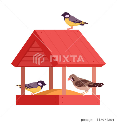 Cartoon bird house. Hand crafted wooden bird house, cute bird nest with feeder flat vector illustration. Red nesting bird house on white Cartoon bird house. Hand crafted wooden bird house, cute bird nest with feeder flat vector illustration. Red nesting bird house on white 112971804