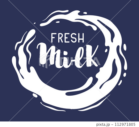 Cartoon milk splash label. Dairy product milky splash logo, cow or goat milk with lettering, milk flow stamp flat vector illustration. Milky splash label 112971805