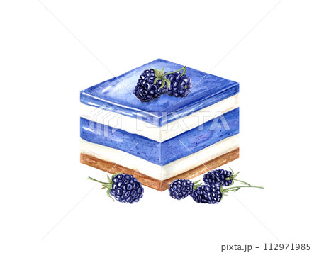 Square cake with berry yoghurt cream. White and blue mousse. Ripe blackberries on dessert. Slice of cheesecake, tart. Watercolor illustration isolated on white. For recipe, menu, package design Square cake with berry yoghurt cream. White and blue mousse. Ripe blackberries on dessert. Slice of cheesecake, tart. Watercolor illustration isolated on white. For recipe, menu, package design 112971985