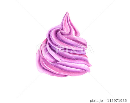 Pink berry cream. Whipped mousse. Swirl Ice cream with fruit taste. Frozen yogurt. Healthy, cold and sweet dessert. Watercolor illustration isolated on white background. For package, menu, recipe 112971986