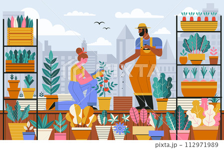 Roof Garden Planting Scene with Mixed Race Couple Roof Garden Planting Scene with Mixed Race Couple 112971989