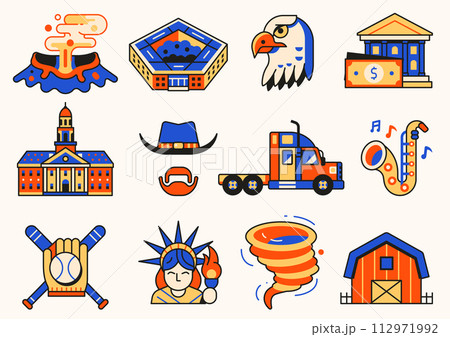 USA Icons and Design Elements in Line Art 112971992