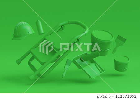 Set of folding ladder, bucket, helmet with paint rollers and brushes 112972052