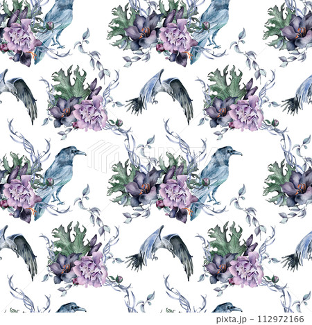 Gothic floral seamless pattern with crow drawn. Black lily, peony and leaves watercolor illustration isolated on white. Dark botanical decoration with black birds. Element for invitation, background 112972166