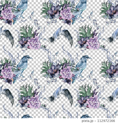 Gothic floral seamless pattern with crow drawn. Black lily, peony and leaves watercolor illustration isolated on white. Dark botanical decoration with black birds. Element for invitation, background 112972166
