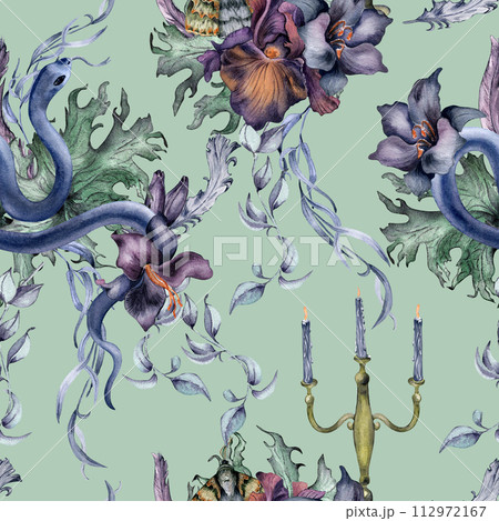Gothic floral seamless pattern with snake isolated on blue. Flower purple iris and black lily watercolor. Botanical art decoration for black wedding, mystical party. For invitation, Valentine card Gothic floral seamless pattern with snake isolated on blue. Flower purple iris and black lily watercolor. Botanical art decoration for black wedding, mystical party. For invitation, Valentine card 112972167