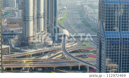 Traffic on a busy intersection on Sheikh Zayed highway aerial timelapse 112972469