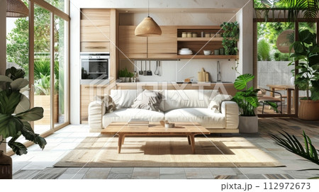 AI-generated content. Modern living room interior with lush green plants 112972673