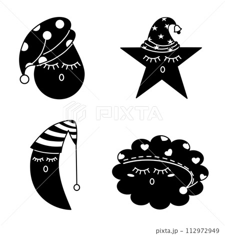 Group of isolated characters in black on white background. Cute sleeping characters in nightcap. vector. 112972949