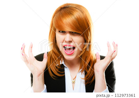 Angry furious woman screaming 112973361