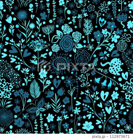 Seamless background of small blue flowers on a black background. hand drawing. Not AI, Vector illustration Seamless background of small blue flowers on a black background. hand drawing. Not AI, Vector illustration 112973671