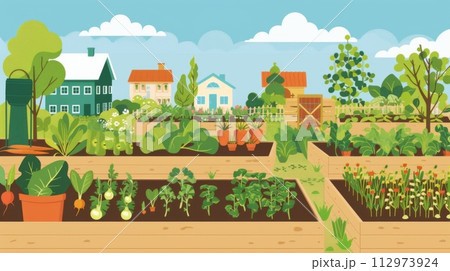 AI-generated content. Community garden with raised beds and colorful houses 112973924