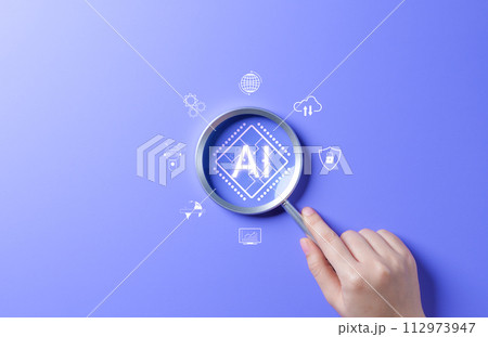 AI Artificial Intelligence technology concept. Hand holding magnifying glass focusing on AI chip on blue background. AI prompt generator, Machine learning, Marketing with chat robot, intelligent tech, 112973947