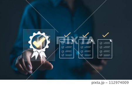 Standardization and certification checklist concept. Compliance with regulation and standard. Management with Quality Assurance QA. Quality Control QC. Improvement. business certificate, guarantee, 112974009