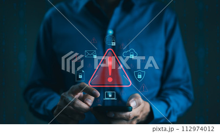 Cyber security warning alert system concept. Businessman use smartphone. Computer network hack, crime and virus, Malicious software, compromised information, illegal connection, data vulnerability, Cyber security warning alert system concept. Businessman use smartphone. Computer network hack, crime and virus, Malicious software, compromised information, illegal connection, data vulnerability, 112974012