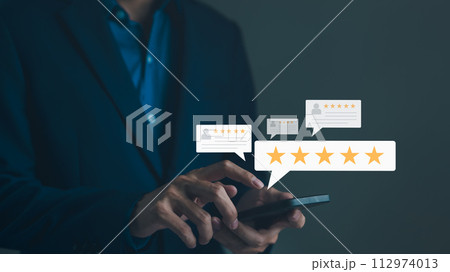Customer satisfaction survey concept. User feedback and review satisfaction, Service experience rating online application, 5 star happy, excellent, Evaluation of product service quality by customers. Customer satisfaction survey concept. User feedback and review satisfaction, Service experience rating online application, 5 star happy, excellent, Evaluation of product service quality by customers. 112974013