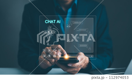 Man touching chatting virtual with an intelligent artificial intelligence asks for the answers he wants. Smart assistant futuristic, Chatbot, Chat with AI or Artificial Intelligence technology CharGPT 112974053