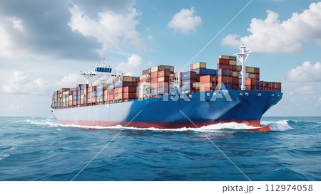 Container ship. Cargo shipping container in open sea. Generative AI 112974058
