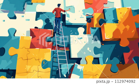 A man on high staircase of the facade of building built of puzzles. Generated AI 112974092