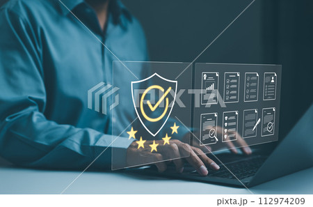 Business professional rating services, highlighting quality assurance with a five-star. standard quality control certification assurance guarantee for automation process. Standardization, certificate, 112974209