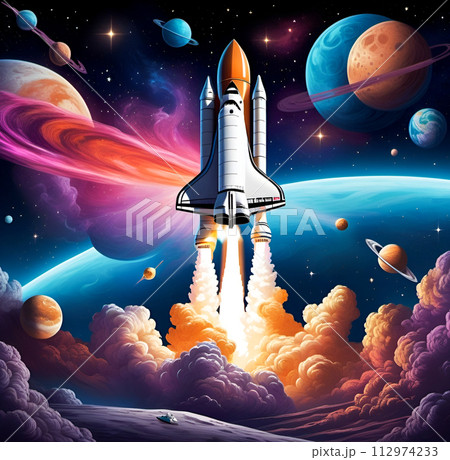Spaceship takes off into starry sky. Rocket starts into space. Generative Ai illustration 112974233