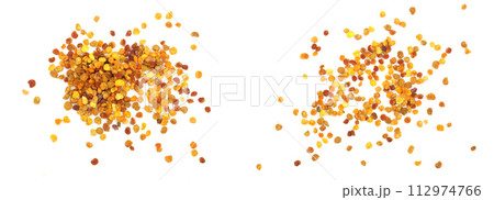 fresh bee pollen isolated on white background. Top view. Flat lay fresh bee pollen isolated on white background. Top view. Flat lay 112974766