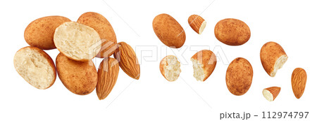 Marzipan balls or potatoes with almond isolated on white background full depth of field. Top view. Flat lay Marzipan balls or potatoes with almond isolated on white background full depth of field. Top view. Flat lay 112974797