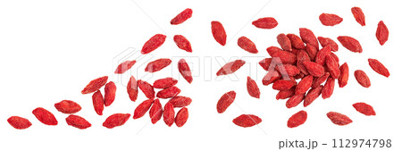 Dried goji berries isolated on white background. Top view with copy space for your text. Flat lay. Dried goji berries isolated on white background. Top view with copy space for your text. Flat lay. 112974798