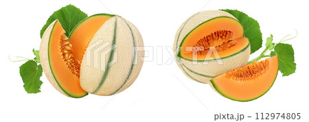 Cantaloupe melon isolated on white background with full depth of field, Cantaloupe melon isolated on white background with full depth of field, 112974805