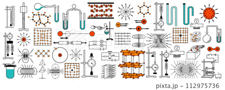 A collection of physics and chemistry diagrams. Atoms and molecules. Laboratory instruments, chemical fluids	 112975736