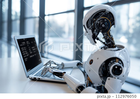 AI-generated content. An artificial intelligence driven humanoid bio robot that works in at office with laptop AI Generative 112976050