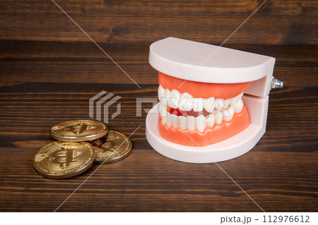 Bitcoin coin and teeth, wooden background....の写真素材 [112976612] - PIXTA