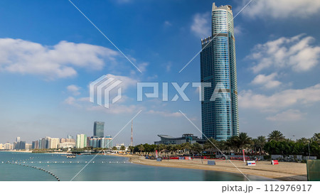 Cityscape of Abu Dhabi timelapse hyperlapse at Persian Gulf, UAE. 112976917